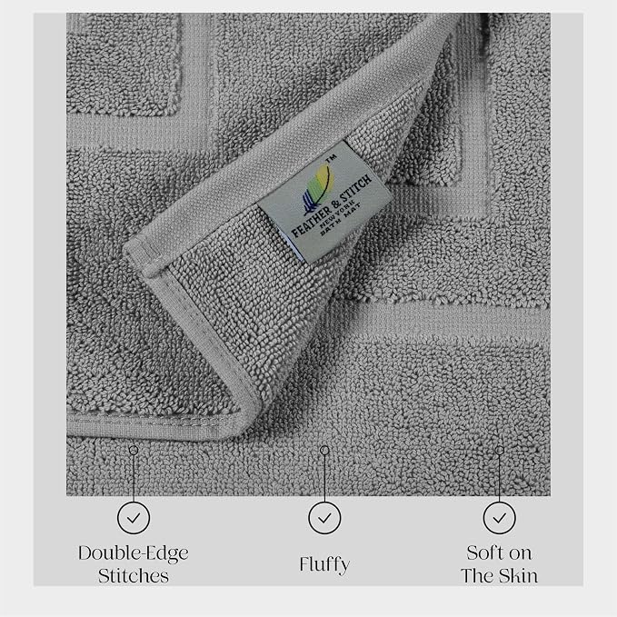 Feather & Stitch 2 Piece Towel Like Bath Mats (30x21 Inch) 100% Cotton Terry Bath Mats, Bathroom Shower Floor Mats [NOT A Bathroom Rug], Soft Absorbent Washable Mats - Dark Grey