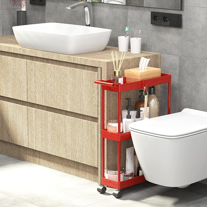 Simple Houseware 3-Tier Slim/Narrow Storage Cart with Handle, 5.5'' Wide x 27.5'' Height Rolling Organizer for Kitchen, Bathroom, Laundry Room - Red