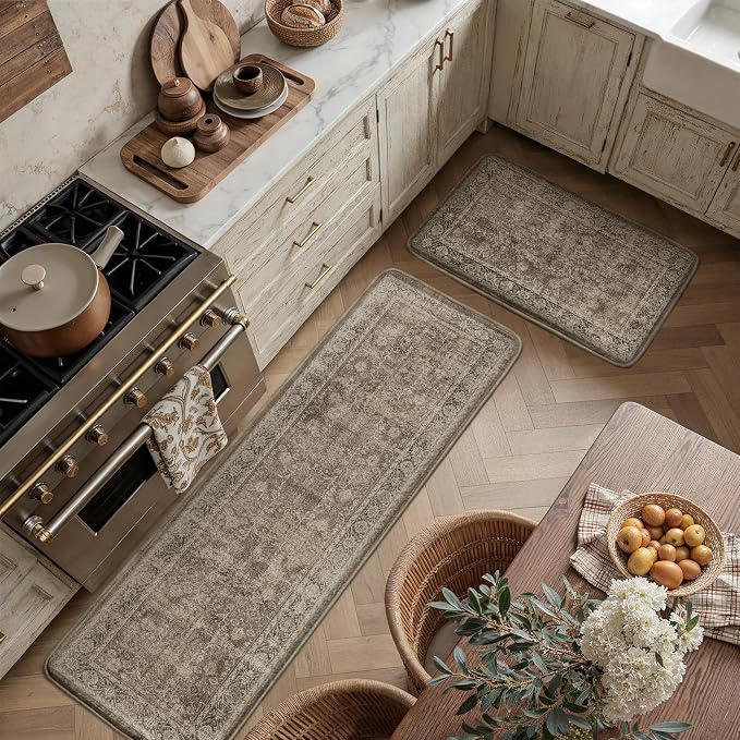 PureCozy Kitchen Mats 2PCS Anti Fatigue Cushioned Mat Brown Vintage Kitchen Mats for Floor Waterproof Non Slip Comfort Standing Distressed Rug for Sink Laundry Office 17.3"x59"+17.3"x30"