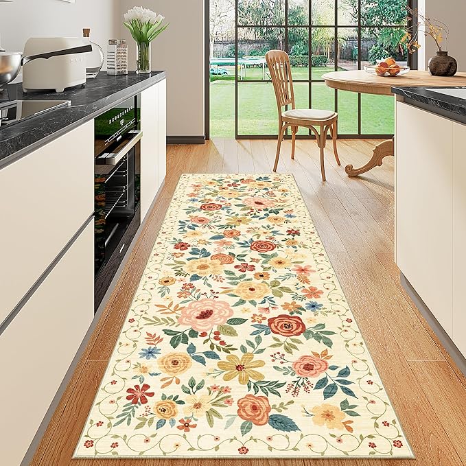 DUKINO 2x8 Runner Rug for Hallway, Washable Kitchen Runner Rug with Rubber Backing Non Slip, Low Pile Soft Boho Floral Thin Carpet for Entryway, Hallway, Bathroom, Laundry Room, Beige Yellow