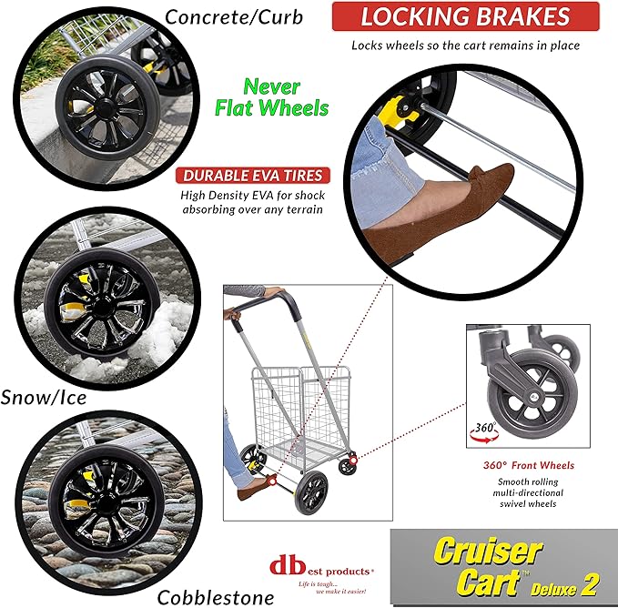 dbest Products Cruiser Cart Deluxe 2 Germ Guard Bundle Shopping Handle Grocery Rolling Folding Laundry Basket on Wheels Foldable Utility Trolley Compact Lightweight Collapsible