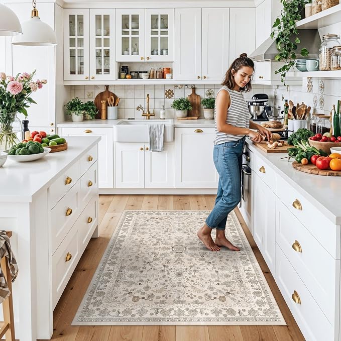 4x5 Washable Kitchen Entryway Rug – Non-Slip Soft Low Pile Indoor Carpet for Bathroom Living Room Bedroom – Boho Floral Small Throw Area Rug (Beige,4x5)