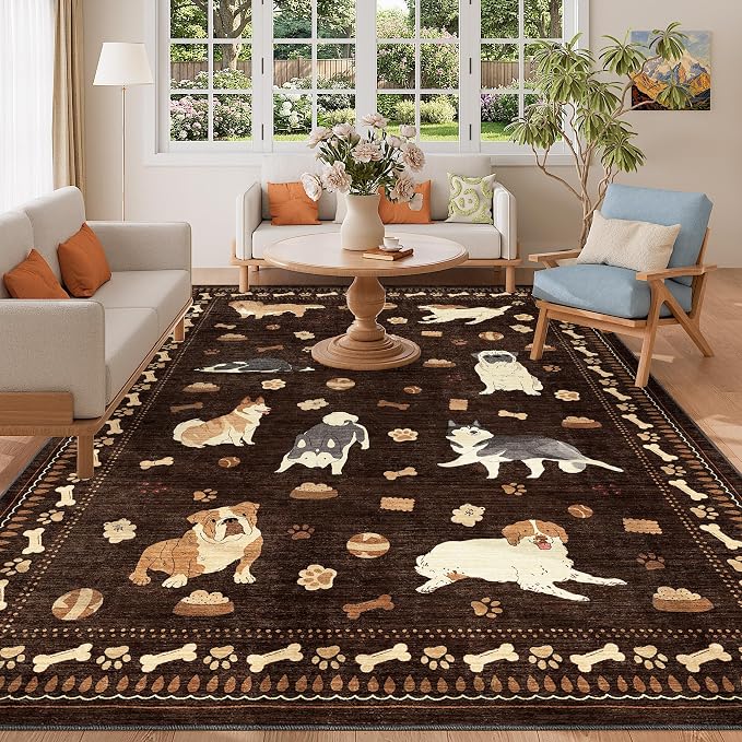 DUKINO 5x7 Rug for Living Room, Lightweight Animal Dog Print Washable Area Rug, Soft Non Slip & Low Pile Floor Mat, Stain Resistant Large Carpet for Bedroom, Nursery, Dining Room, Kids Playroom, Brown