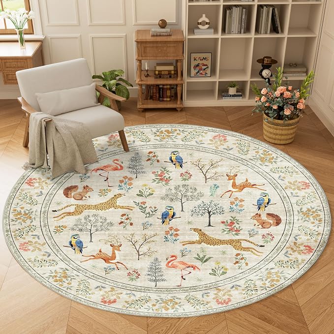 DUKINO 6ft Round Rug for Bedroom, Animal Print Washable Circle Rug with Low Pile Design, Soft Indoor Floor Non Slip Carpet for Entryway, Living Room, Office, Dining Room, Beige