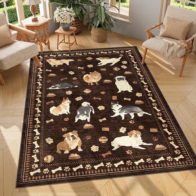 DUKINO 4x6 Area Rug, Non Slip Washable Rug for Living Room with Low Pile Design, Lightweight & Non Shedding Animal Dog Print Indoor Soft Carpet for Bedroom, Dining Room, Kids Room, Office, Brown
