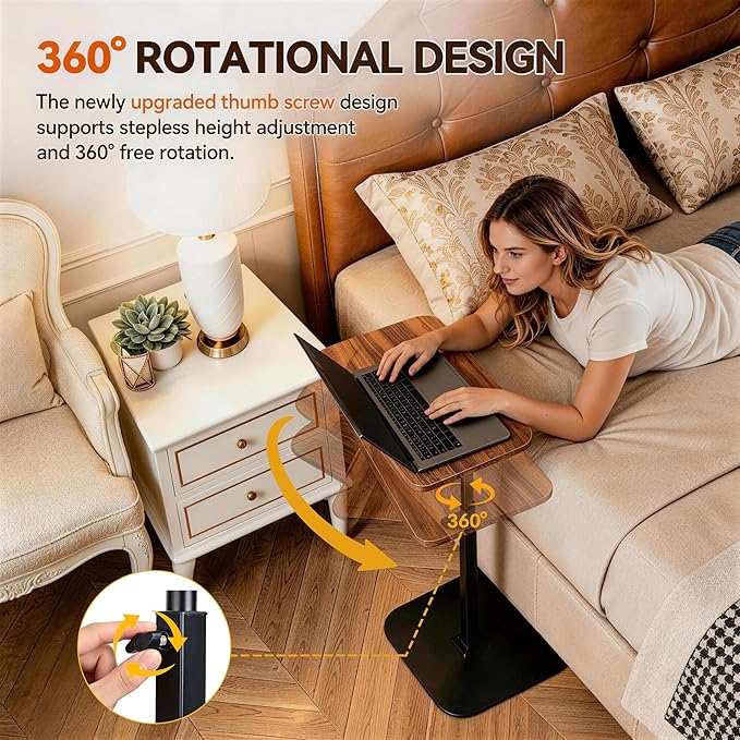 Adjustable TV Tray Table, 360° Swivel C-Shaped End Table that Slides Under Couch, Sofa, Bed, Recliner Chair, Small Side Table Desk for Laptop, Food Eating, Living Room, Bedroom, Small Spaces