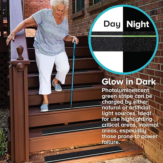LifeGrip Anti Slip Traction Tape with Glow in Dark Green Stripe, 4 Inch x 15 Feet - Best Grip, Friction, Abrasive Adhesive for Stairs, Tread Step, Indoor and Outdoor, Black (4 inch X 15 feet)