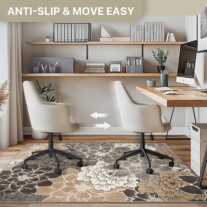 48"x72" Office Chair Mat for Hardwood Tile Floor, Under Desk Carpet Protector for Rolling Computer Chair Mat, Machine Washable Area Rug, Anti-Slip 1/5" Thick Low Pile Thin Vinyl Floor Mat, Grey Beige