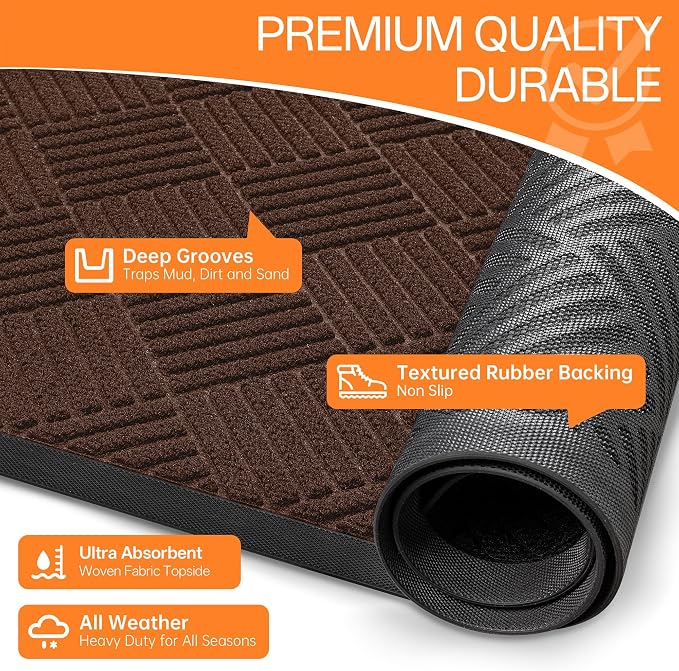 Indoor Outdoor Door Mat, 5’x 3' Doormat for Entryway, Rubber Backing Non Slip Front Door Mat Outside Entrance, Super Absorbent Commercial Floor Mat for Home Office, Brown