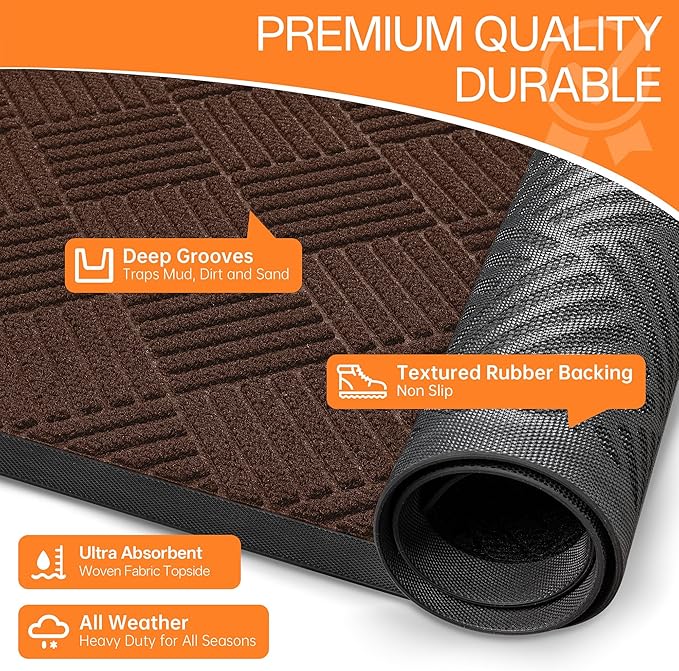 Indoor Outdoor Door Mat, 6’x 2' Doormat for Entryway, Rubber Backing Non Slip Front Door Mat Outside Entrance, Super Absorbent Commercial Floor Mat for Home Office, Brown