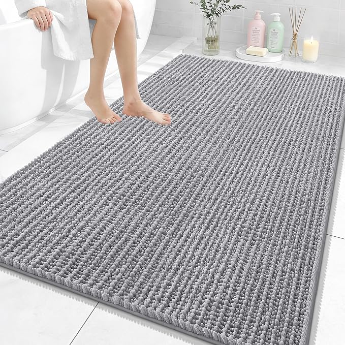 OLANLY Bathroom Rug Mat 59x35, Thick Soft and Absorbent Chenille Bath Mat, Non-Slip Rubber Backing, Machine Washable Quick Dry Bath Rugs for Tub Shower Floor, Home Decor Accessories, Grey
