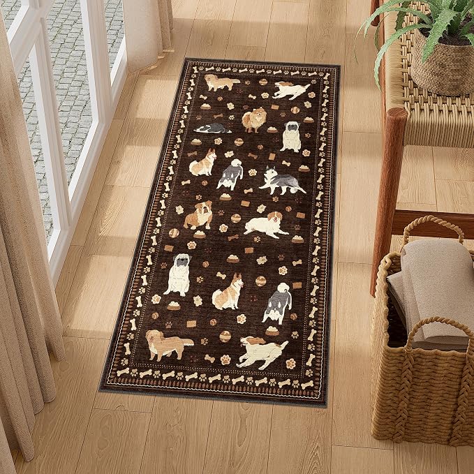 DUKINO 2x4 Runner Rug for Entryway, Animal Dog Print Washable Kitchen Rug with Non Slip, Low Pile Indoor Door Mat Non Shedding Small Throw Carpet Runner for Hallway, Bathroom, Laundry, Bedroom, Brown