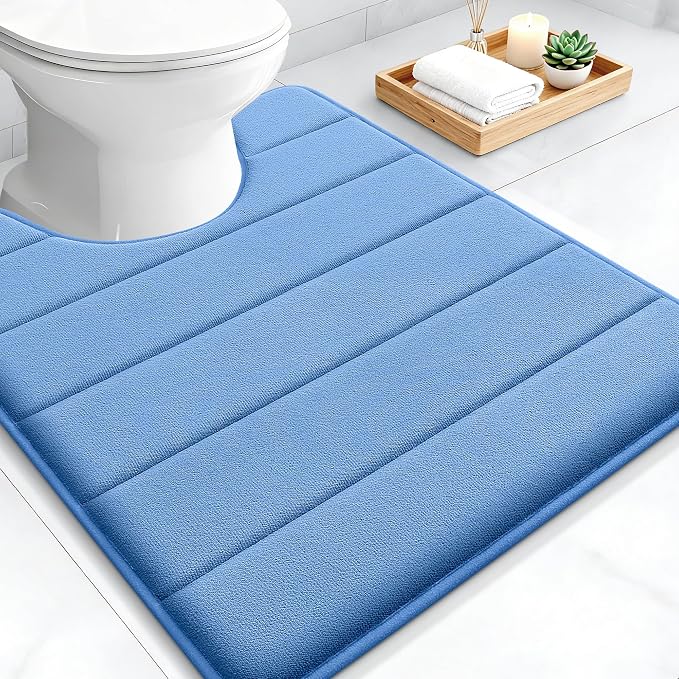 OLANLY Memory Foam Toilet Rugs U Shaped 24x20, Super Soft Absorbent Contour Bath Rugs, Quick Dry, Machine Washable Toilet Mat, Bathmat Carpet, Bathroom Home Decor Accessories, Cornflower Blue