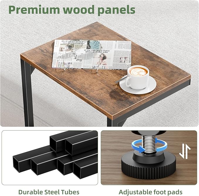 Simple Trending C Shaped Side Table, Small End Table Set of 2, TV Trays Sofa Couch Table for Living Room, Bedside, Rustic Brown