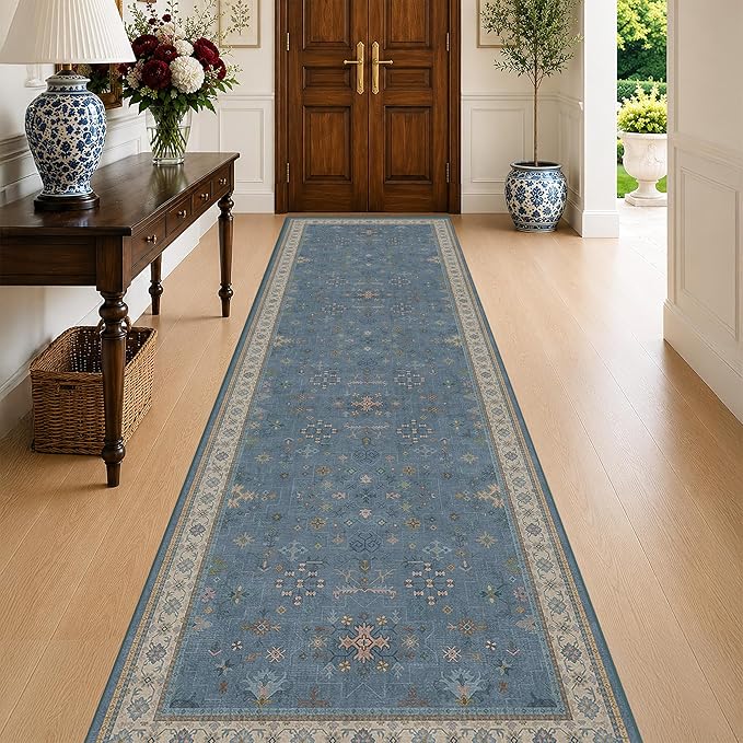 Hazo Haus Washable 10ft Long Hallway Runner Rug Blue - 3 x 10 Runner Rug, Boho Waterproof 3x10 Kitchen Floor Mat - Modern Eclectic Boho Design Décor