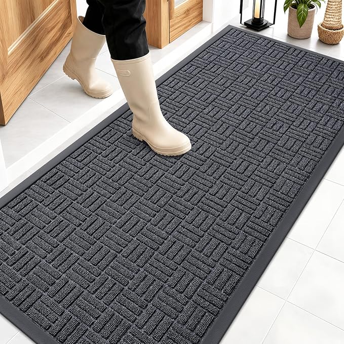 OLANLY Front Door Mat Outside Entrance 59x23, Absorbent, Heavy Duty Sturdy Natural Rubber Doormat Indoor Outdoor, Non-Slip, Stain and Fade Resistant, Low Profile Floor Mat for Entryway, Black Gray