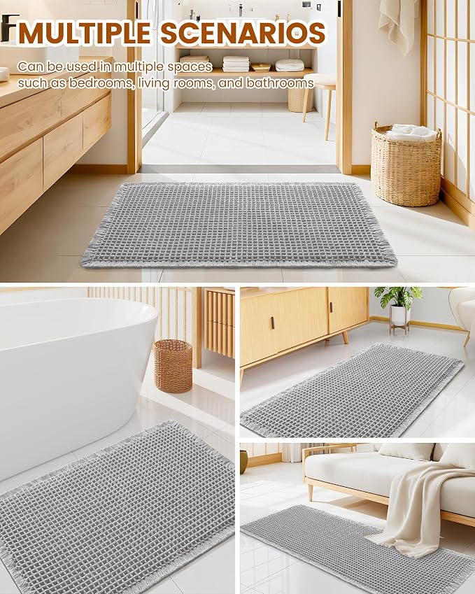 Smiry Waffle Bath Mat 60x24, Extra Soft Absorbent Bathroom Rugs, Non Slip Machine Washable Quick Dry Bath Rugs for Bathroom Floor, Tub, Shower, Home Decor Accessories, Light Grey