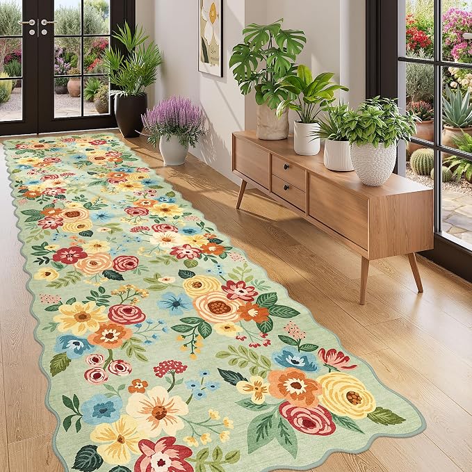 DUKINO 3x10 Washable Runner Rug, Non Slip Floral Ultra Soft Runner for Hallway, Lightweight Low Pile & Stain Resistant Long Throw Carpet for Kitchen, Bathroom, Entrance, Bedroom, Kids Room, Green