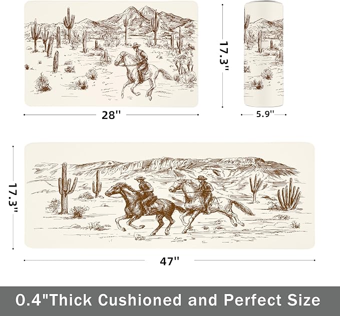 Western Kitchen Mat Rugs Set of 2 Aztec Anti Fatigue Non-Slip Kitchen mats for Floor Western Country Cactus Theme PVC Comfort Mat Floor Rugs Decor Office Front Door Sink 17.3x28+17.3X 47 inches