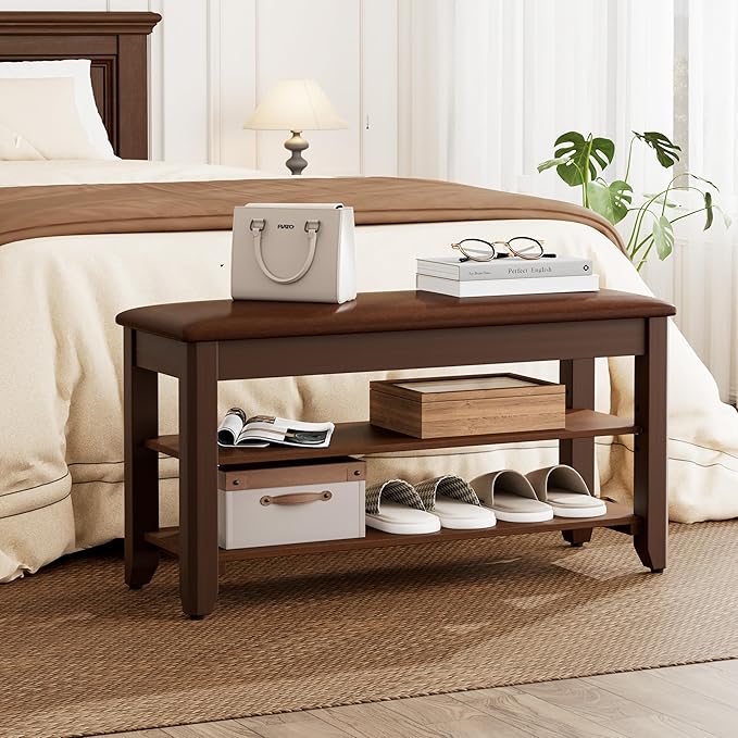 Homleke Shoe Rack Bench with Flip-Top Storage, Solid Wood Entryway Bench with Cushion, Adjustable Shelf, for Hallway, Mudroom, Closet – Walnut, 31.5"