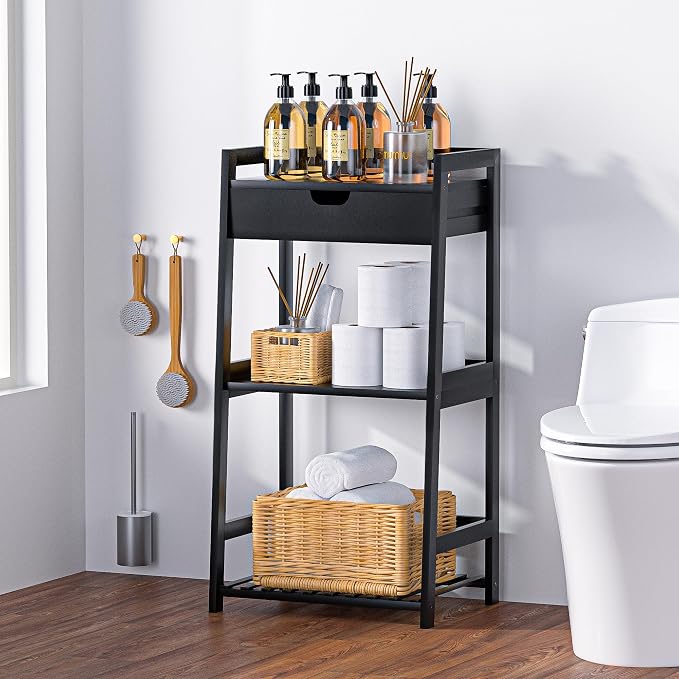 POXAKA 3 Tier Bamboo Bathroom Shelves with Drawer, Ladder Shelf for Bathroom Storage, Space-Saving Design, Stylish Display Nightstand, Stylish Storage Solution for Home, Living Room, Kitchen, Office