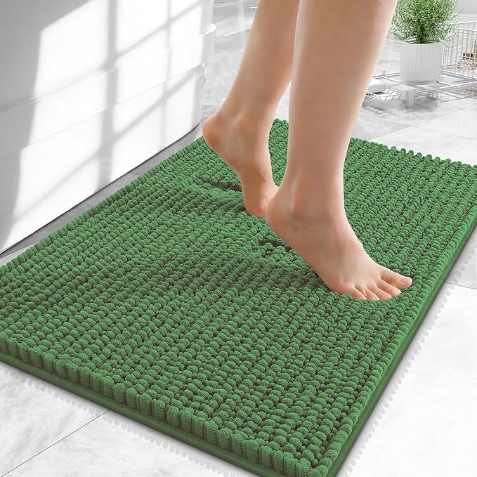 OLANLY Thick Small Bathroom Rugs 24x16, Extra Soft Absorbent Chenille Bath Rugs, Rubber Backing, Machine Wash Dry, Bath Mats for Bathroom Floor, Tub and Shower, Home Decor Accessories, Olive Green