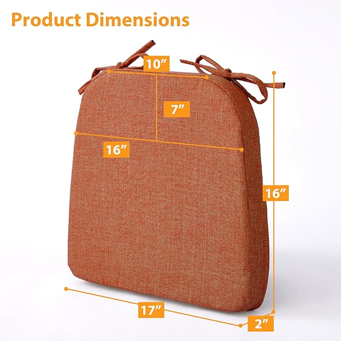 Ruqmuis Chair Cushions for Dining Chairs, 2" Thick Seat Cushions for Kitchen Chairs, D-Shaped Chair Pads with Washable Cover, Ties and Non Slip Backing, 17'' x 16'', Set of 4, Orange