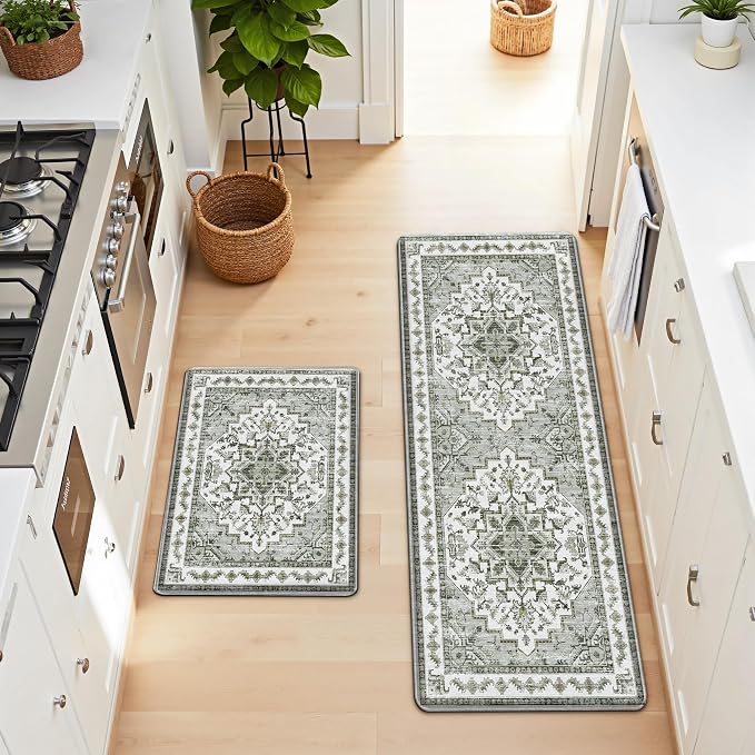 Boho Kitchen Mats for Floor 2 Piece Set Anti Fatigue Cushioned PVC Kitchen Rugs Non Slip Waterproof Farmhouse Mats 2/5 Inch Comfort Standing Mat for Laundry, 17.3"x59"+17.3"x28", Green-Tinted Grey