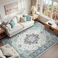 RELEANY Area Rugs 6'x9' Washable Non-Slip, Floral Vintage Distress Medallion Carpet for Living Room Bedroom Dining Room, Green Navy Blue White Red Teal