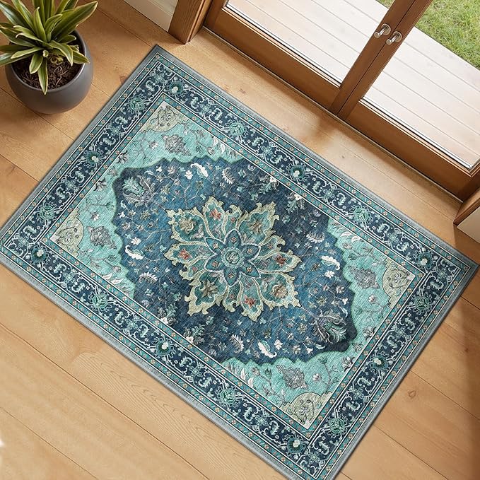 RELEANY Area Rugs Small 2'x3' Washable Non-Slip, Floral Vintage Distress Medallion Carpet for Kitchen Entryway Bathroom, Teal Green Lake Blue Turquoise