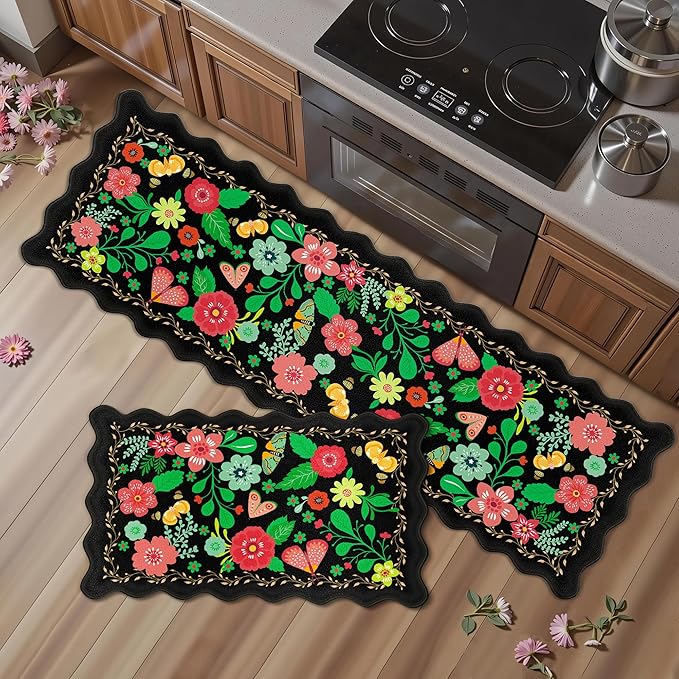 Arenarug Scalloped Black Kitchen Mats for Floor 2PC Cushioned Anti Fatigue Kitchen Mats Rugs Waterproof Non Slip Boho Floral Comfort Foam Standing Mat for Sink Laundry,17.3x30+17.3x59