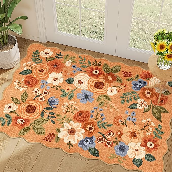 DUKINO 2x3 Entryway Rug, Floral Washable Indoor Door Mat with Non-Slip Backing, Soft Low Pile Small Front Door Throw Rugs for Entryway, Kitchen, Bedroom, Laundry, Bathroom, Orange