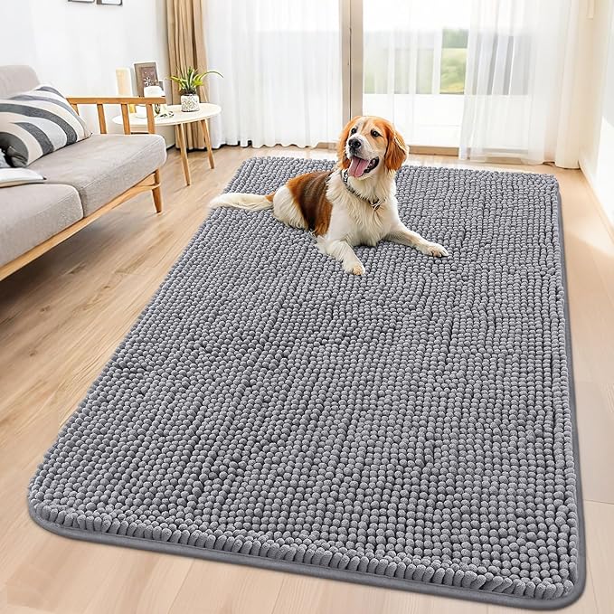 Smiry Dog Door Mat for Muddy Paws 70x32, Absorbent Dirt Trapper, Non-Slip Washable Chenille Entryway Rug for Inside Floor, Grey, Classic Solid