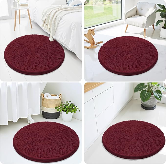 Smiry Luxury Chenille Round 24x24, Extra Soft and Absorbent Shaggy Bathroom Mat Rugs, Machine Washable, Non-Slip Plush Carpet for Tub, Shower, and Bath Room, Burgundy
