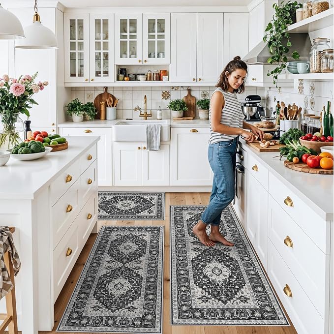 3-Piece Non-Slip Machine Washable Kitchen Rug Set with Runner – Soft Low Pile Thin Boho Kitchen Rugs for Hardwood Floor, Sink & Entryway, Pet-Friendly (Dark Grey, 2x3,2x4,2x5)