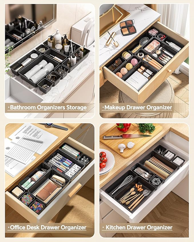 KEMETHY 25 PCS Plastic Drawer Organizers Set, 4 Sizes Vanity Organizer, Makeup and Desk Drawer Organizer Trays, Organization and Storage for Makeup, Bathroom, Kitchen Utensils and Office (Black)