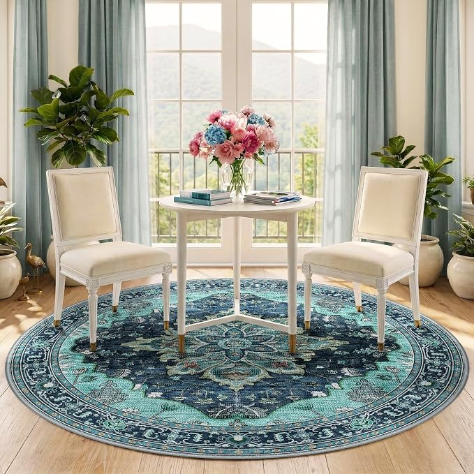 RELEANY Area Rugs Round 5ft Washable Non-Slip, Floral Vintage Distress Medallion Carpet for Living Room Bedroom Dining Room, Teal Green Lake Blue Turquoise