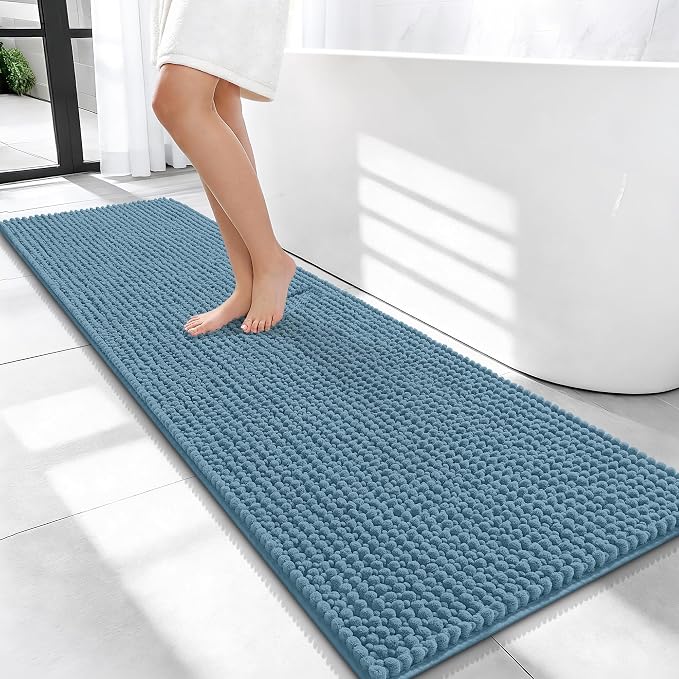 OLANLY Thick Bathroom Runner Rugs 59x20, Extra Soft Absorbent Chenille Bath Rugs, Rubber Backing, Machine Wash Dry, Long Bath Mats for Bathroom Floor, Tub and Shower, Home Decor Accessories, Airy Blue