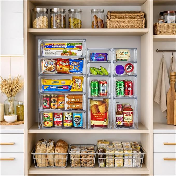 Sorbus Stackable Clear Storage Drawers, 6 Pack (2 Large + 2 Medium + 2 Small) Pull-Out Organizer Bins – Plastic Drawer Organizers for Bathroom, Vanity, Makeup, Under Sink & Countertop Organization