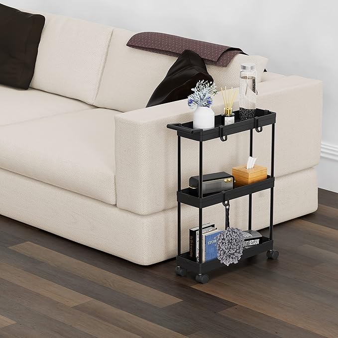 Simple Houseware 3-Tier Slim/Narrow Storage Cart with Handle, 5.5'' Wide x 27.5'' Height Rolling Organizer for Kitchen, Bathroom, Laundry Room - Black