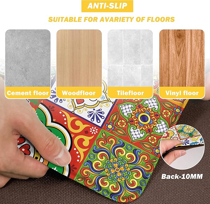 Boho Kitchen Rugs Set 2 Memory Foam Colorful Ceramic Comfort Tile Floor Mat Anti Fatigue Non-Skid PVC Runner Rug Water & Oil Proof Carpet for Kitchen Laundry Sink,17.3x28+17.3x47 Inch, C2