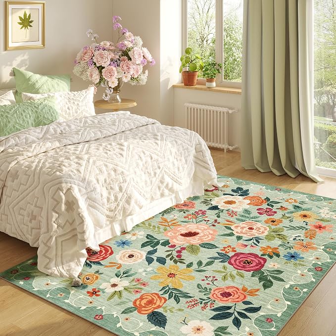 DUKINO 4x6 Area Rug, Floral Rugs for Living Room, Lightweight Non Slip Washable Rug, Indoor Low Pile & Non-Shedding Boho Design Rugs for Bedroom, Living Room, Dining Room, Green