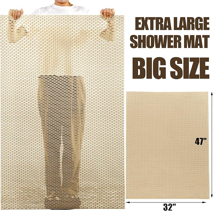 HOMBYS 47 x 32 Extra Large Shower Mat for Shower Stall Tub, Non Slip Bath Mat Bathroom Accessories, PVC Mats for Shower and Bathroom, Quick Drying, (Khaki, 47"x32")