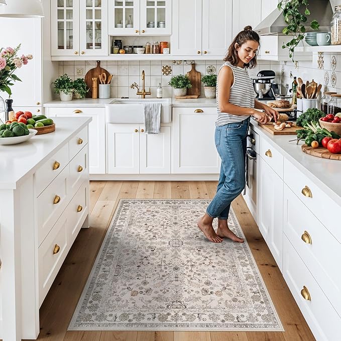 3x6 Kitchen Runner Rug Non Slip Washable - Soft Low Pile Stain-Resistant Wide Carpet Runner for Hallway Entryway Bedroom Bathroom with Rubber Backing - Boho Floral Door Mat(Beige,3x6)