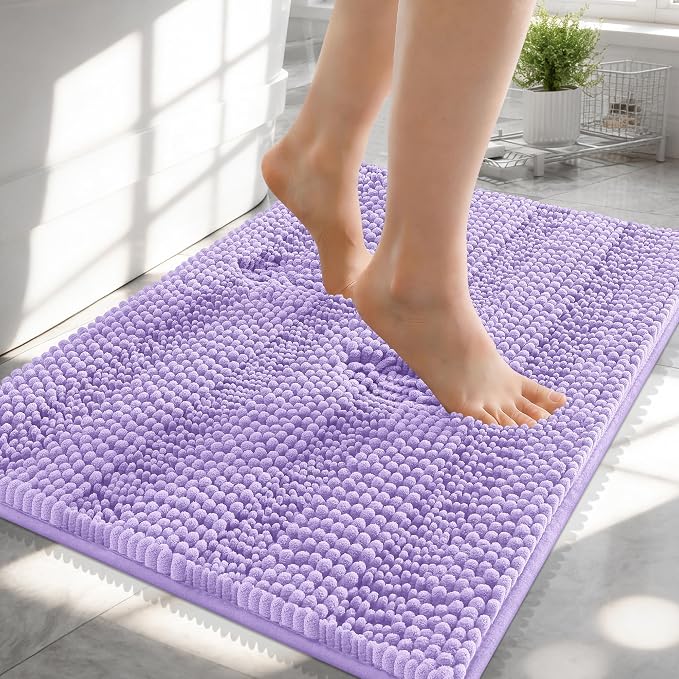 OLANLY Thick Small Bathroom Rugs 24x16, Extra Soft Absorbent Chenille Striped Bath Rugs, Rubber Backing, Machine Wash, Bath Mats for Bathroom Floor, Tub and Shower, Home Decor Accessories, Lavender