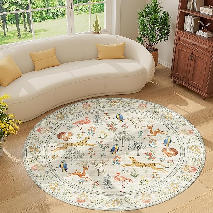 DUKINO 6ft Round Rug for Bedroom, Animal Print Washable Circle Rug with Low Pile Design, Soft Indoor Floor Non Slip Carpet for Entryway, Living Room, Office, Dining Room, Beige