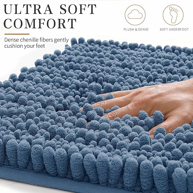 Yimobra Bathroom Rugs Non Slip Washable - Ultra Soft Absorbent Chenille Bath Mat, Quick Dry Shaggy Floor Carpet for Tub Shower, Denim Blue Home Decor Accessories, 24x17 Inch