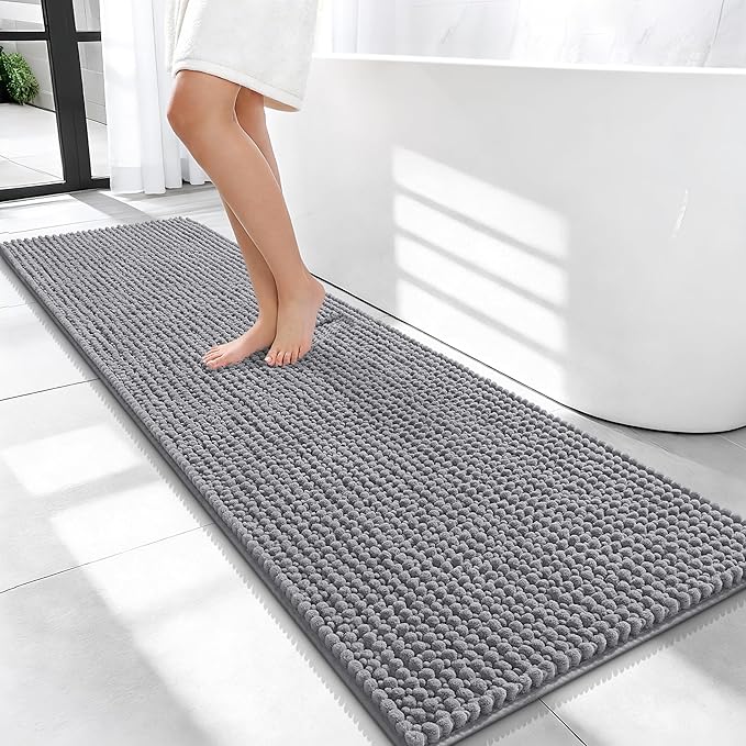 OLANLY Thick Bathroom Runner Rugs 59x20, Extra Soft Absorbent Chenille Bath Rugs, Rubber Backing, Machine Wash Dry, Long Bath Mats for Bathroom Floor, Tub and Shower, Home Decor Accessories, Grey