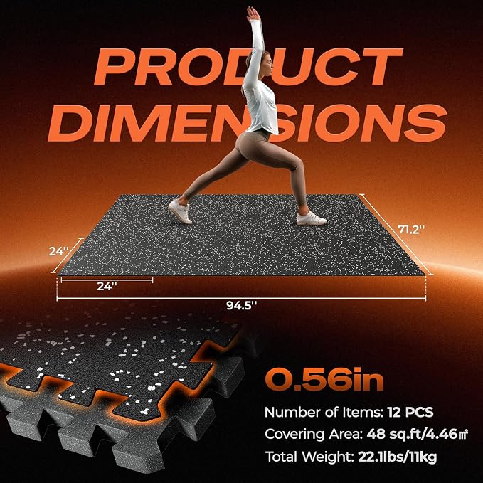 SUPERJARE 0.56'' Thick 12 Pcs 48 Sq Ft Rubber Top Exercise Equipment Mats, High Density EVA Foam Mats with Rubber Top, Interlocking Gym Flooring for Home Gym, Protective Workout Mat, Black/Grey