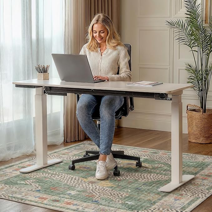 48"x72" Office Chair Mat for Hardwood Tile Floor, Under Desk Carpet Protector for Rolling Computer Chair Mat, Machine Washable Area Rug, Anti-Slip 1/5" Thick Low Pile Thin Floor Mat, Leopard Green